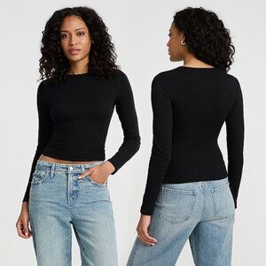 Express Black Essential Fitted Ribbed Crew Neck Long Sleeve Tee - Size L